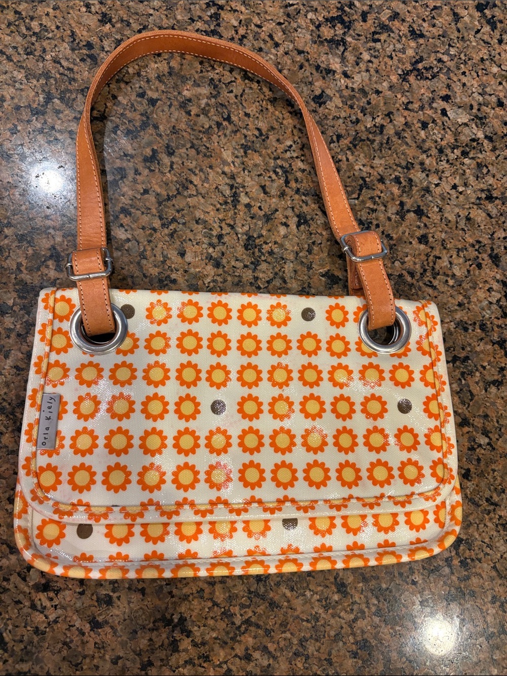 Orla Kiely Coated Canvas Tote Shoulder Leather Handle Bag Yellow Retro Daisy